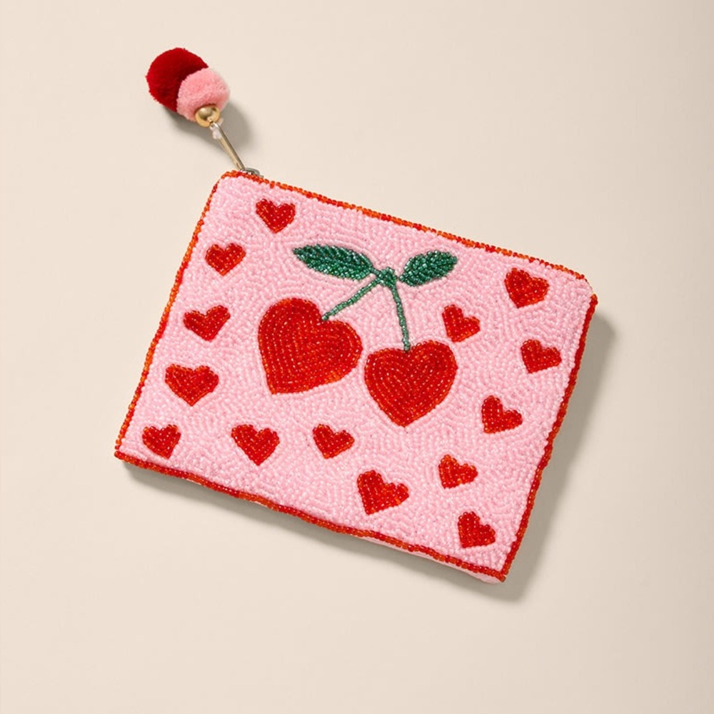 NWT Francesca’s Beaded Cherry Heart Zip Pouch - Pink and Red